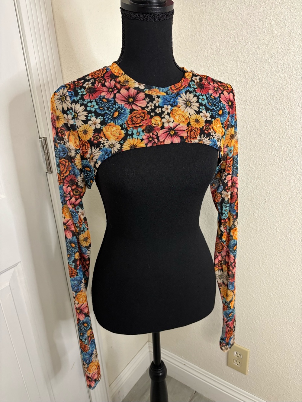 AFRM Floral Cutout Long Sleeve Crop Top - Yellow, Pink, Blue, White